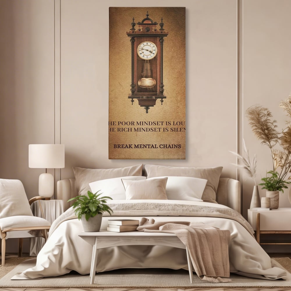 Tablou canvas cu tablou vertical cu ceas pendul vintage si mesaj motivational, fara rama, pe sasiu de lemn, pe perete intr-un dormitor